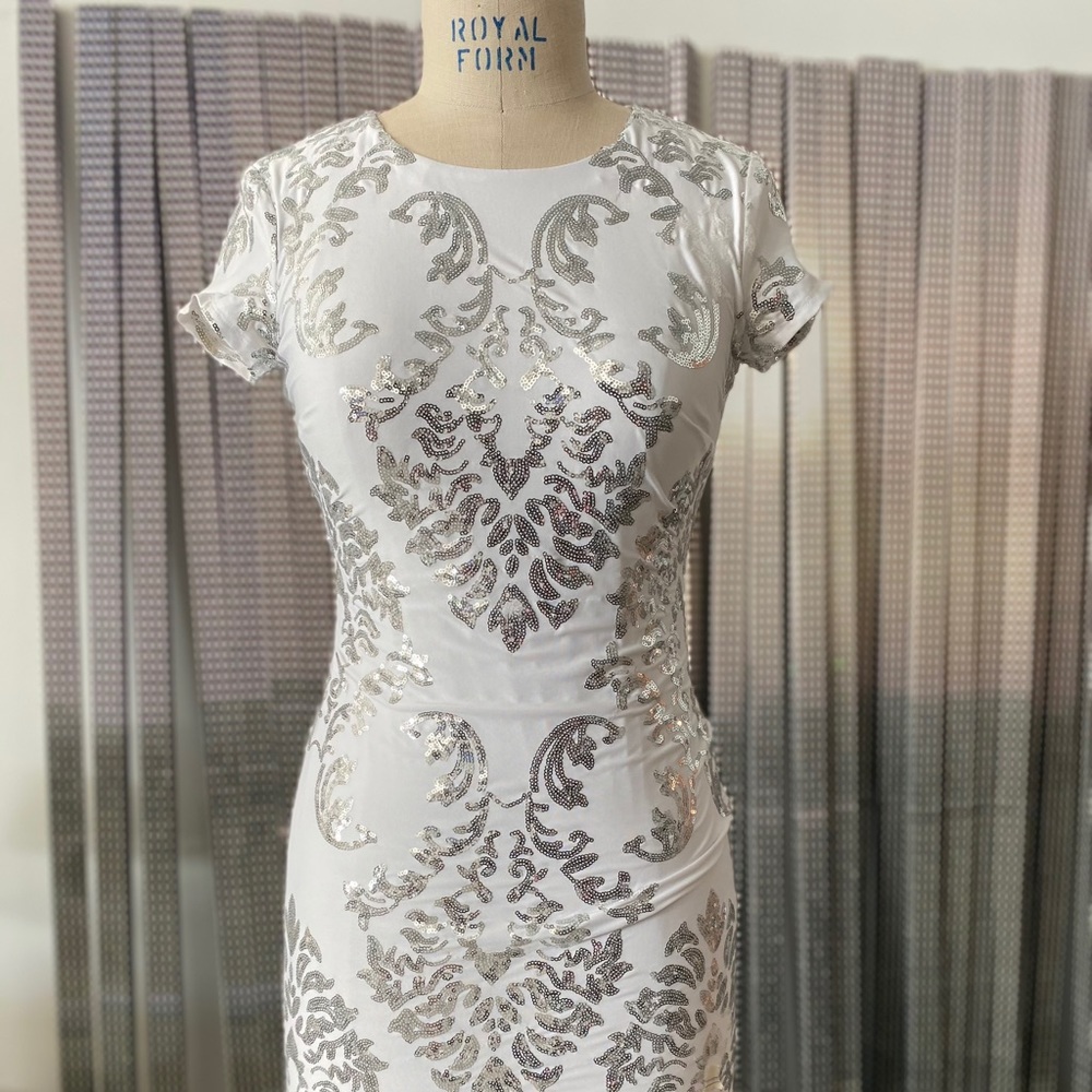 Silver and White Sequin body con dress